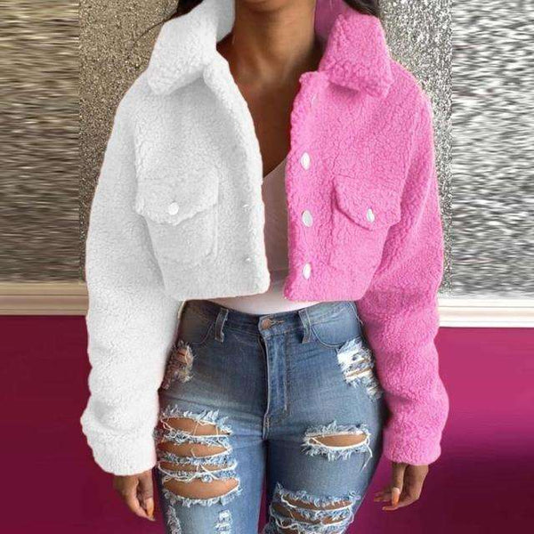 Pink and White Colour Block Cropped Fleece Jacket