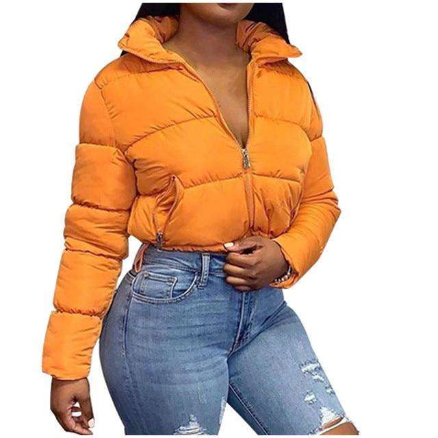 Orange puffer jacket cropped on sale